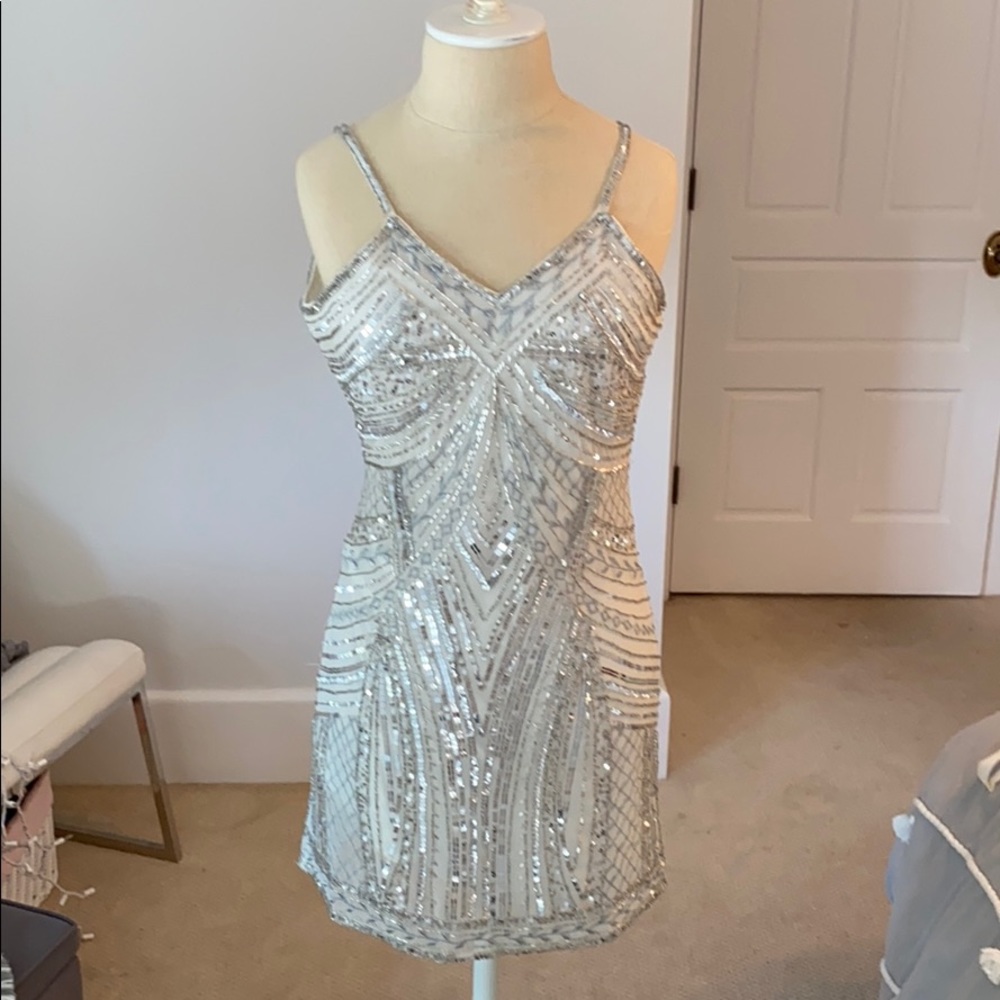 White and silver beaded sleeveless dress